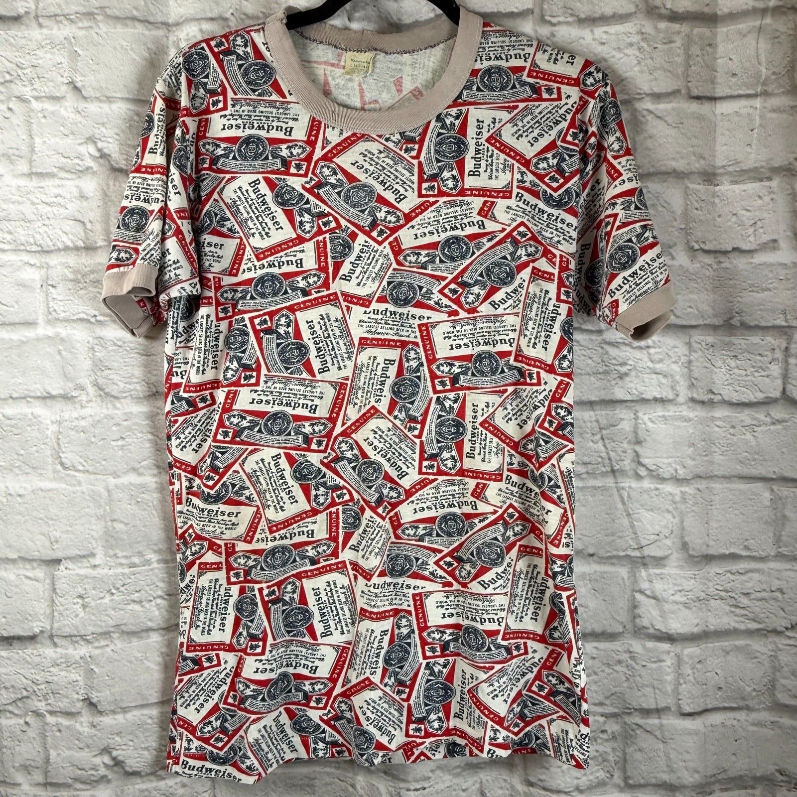 Vtg Budweiser All Over Print Sportswear Men's T-Shirt Large 50/50 Usa Single